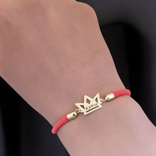 14 Ayar Altın Plakalı İsme Özel Taç Motifli Turuncu Örgü İpli Hediye Bileklik-501 - Resim 4