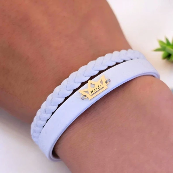 14 Ayar Altın Plakalı İsme Özel Taç Figürlü Doğal Beyaz Derili Hediye Bileklik-500 - Resim 3