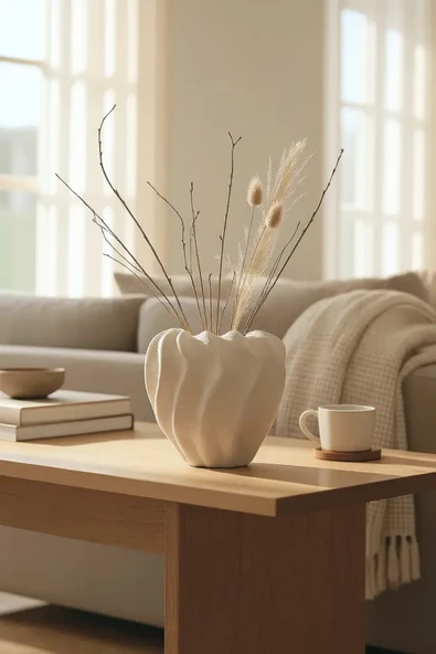 Pluvia Dalgalı Bej Seramik Vazo (15x15 cm) - Resim 2