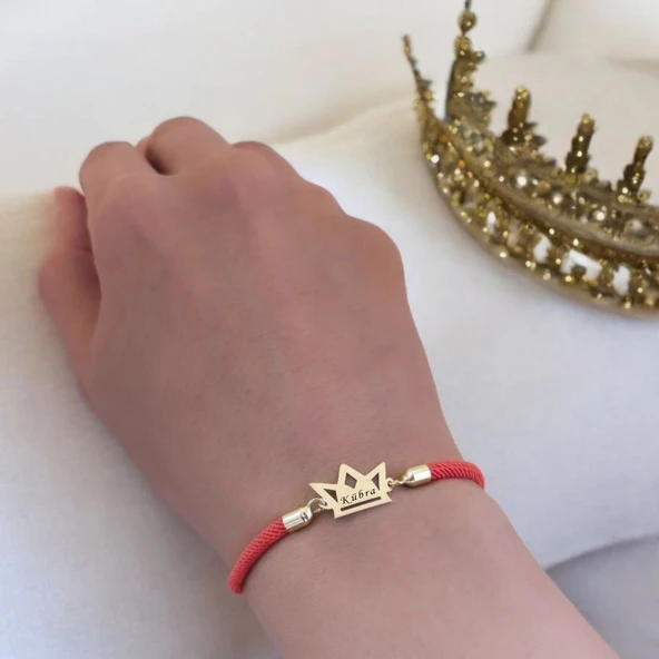 14 Ayar Altın Plakalı İsme Özel Taç Motifli Turuncu Örgü İpli Hediye Bileklik-501 - Resim 2