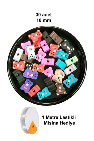 30 Adet 10 Mm Polimer Kil Fimo Boncuk Takı Bileklik + 1 Metre Lastikli Misina Hediye - Renkli Ayıcık ürün görseli