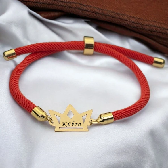 14 Ayar Altın Plakalı İsme Özel Taç Motifli Turuncu Örgü İpli Hediye Bileklik-501 ürün görseli