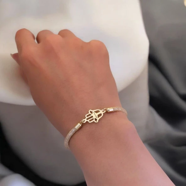 14 Ayar Altın Plakalı İsme Özel Hamsa Motifli Hasır Kordonlu Hediye Bileklik-499 - Resim 2