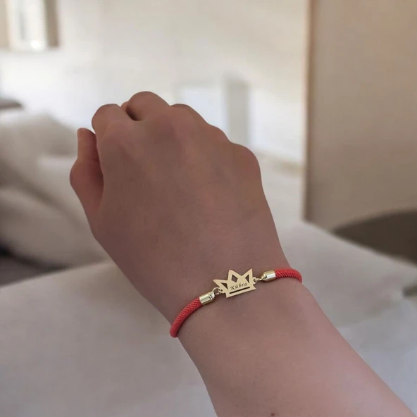 14 Ayar Altın Plakalı İsme Özel Taç Motifli Turuncu Örgü İpli Hediye Bileklik-501 - Resim 3