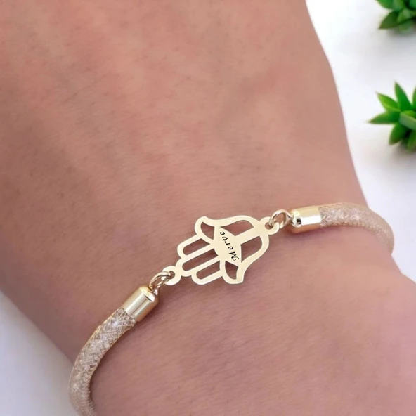 14 Ayar Altın Plakalı İsme Özel Hamsa Motifli Hasır Kordonlu Hediye Bileklik-499 - Resim 3