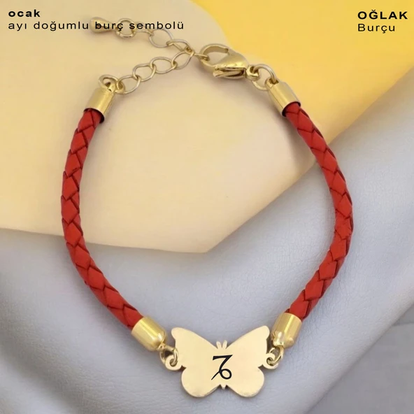 14 Ayar Altın Plakalı Doğum Ayına Özel Kelebek Figürlü Doğal Turuncu Derili Hediye Bileklik-502 ürün görseli
