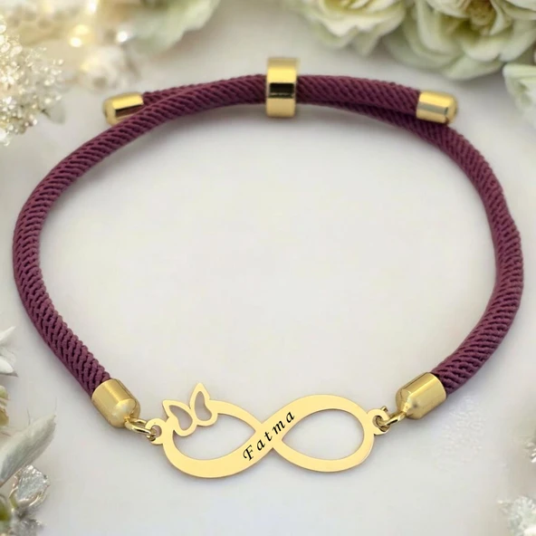14 Ayar Altın Plakalı İsme Özel Sonsuzluk ve Kelebek Figürlü Mor İpek Örgülü Hediye Bileklik-505 ürün görseli