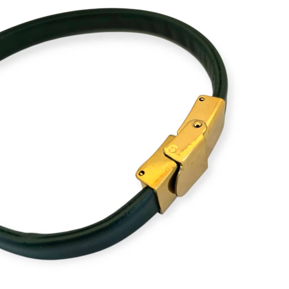 14 Ayar Altın Plakalı İsme Özel Taç Motifli Doğal Yeşil Derili Hediye Bileklik-504 - Resim 5