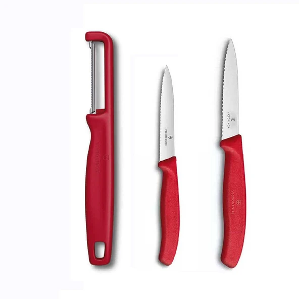 Victorinox Kırmızı Tırtıklı Soyma Bıçağı 8 CM - 10 CM ve Domates Sebze Soyacağı 3lü Set ürün görseli