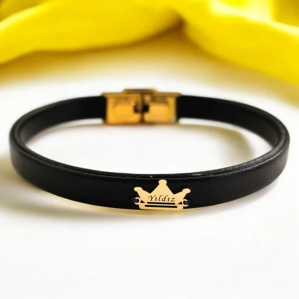 14 Ayar Altın Plakalı İsme Özel Taç Figürlü Doğal Siyah Derili Hediye Bileklik-503 ürün görseli