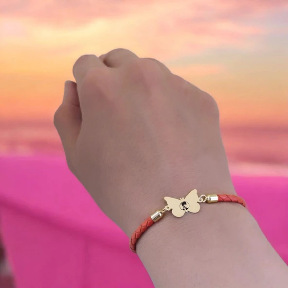 14 Ayar Altın Plakalı Sembole Özel Doğal Turuncu Derili Kelebek Figürlü Hediye Bileklik-502 - Resim 3