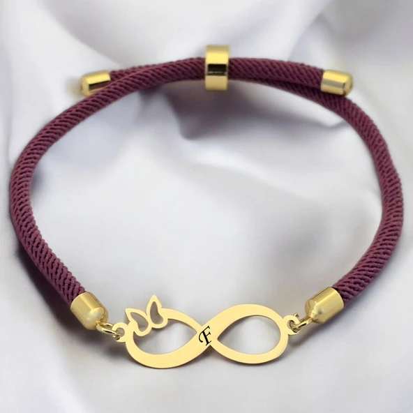 14 Ayar Altın Plakalı Harfe Özel Mor İpek Örgülü Sonsuzluk ve Kelebek Figürlü Hediye Bileklik-505 ürün görseli