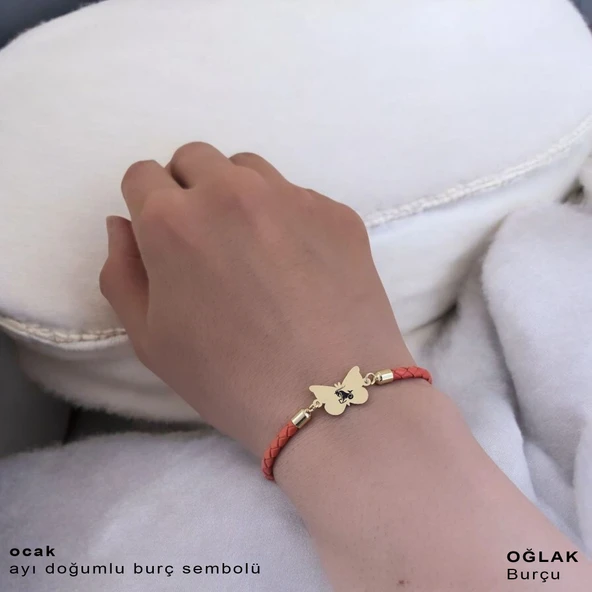 14 Ayar Altın Plakalı Burca Özel Kelebek Figürlü Doğal Turuncu Derili Hediye Bileklik-502 - Resim 2