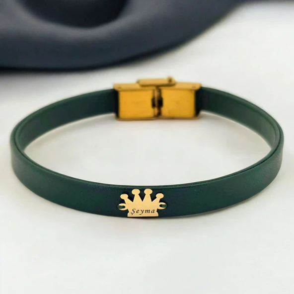 14 Ayar Altın Plakalı İsme Özel Taç Motifli Doğal Yeşil Derili Hediye Bileklik-504 ürün görseli