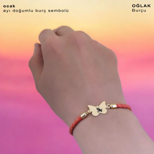 14 Ayar Altın Plakalı Burca Özel Kelebek Figürlü Doğal Turuncu Derili Hediye Bileklik-502 - Resim 3