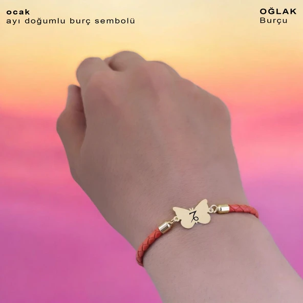 14 Ayar Altın Plakalı Doğum Ayına Özel Kelebek Figürlü Doğal Turuncu Derili Hediye Bileklik-502 - Resim 3