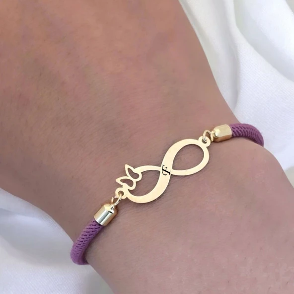14 Ayar Altın Plakalı Harfe Özel Mor İpek Örgülü Sonsuzluk ve Kelebek Figürlü Hediye Bileklik-505 - Resim 3