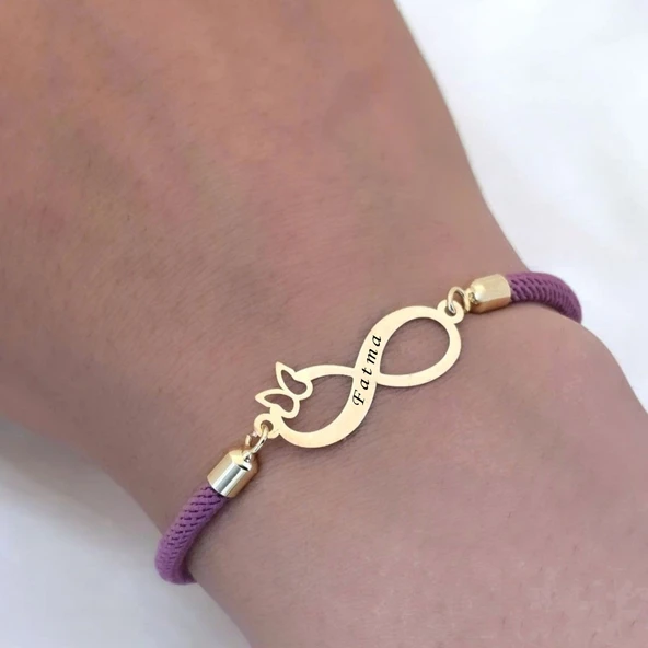 14 Ayar Altın Plakalı İsme Özel Sonsuzluk ve Kelebek Figürlü Mor İpek Örgülü Hediye Bileklik-505 - Resim 3