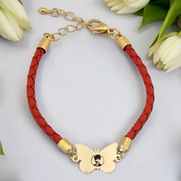 14 Ayar Altın Plakalı Sembole Özel Doğal Turuncu Derili Kelebek Figürlü Hediye Bileklik-502 ürün görseli