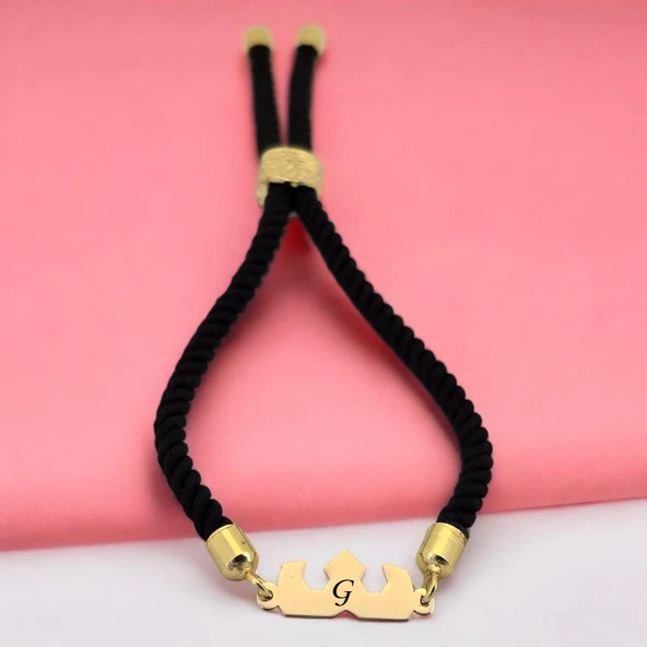 14 Ayar Altın Plakalı Harfe Özel Siyah Örgü İpli Taç Figürlü Hediye Bileklik-507 ürün görseli
