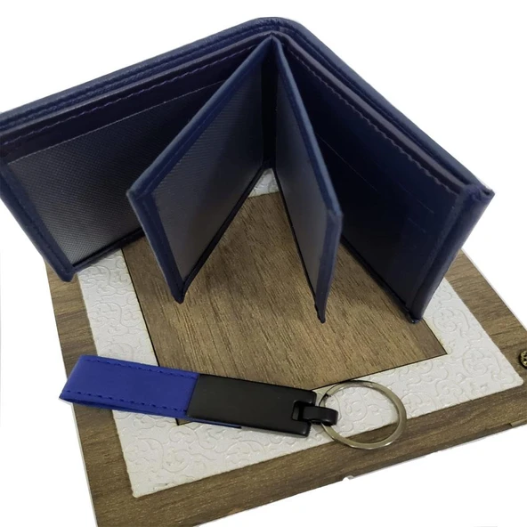 Deri Mavi Anahtarlık Cüzdan Set Dekoratif Hediyelik - Resim 2