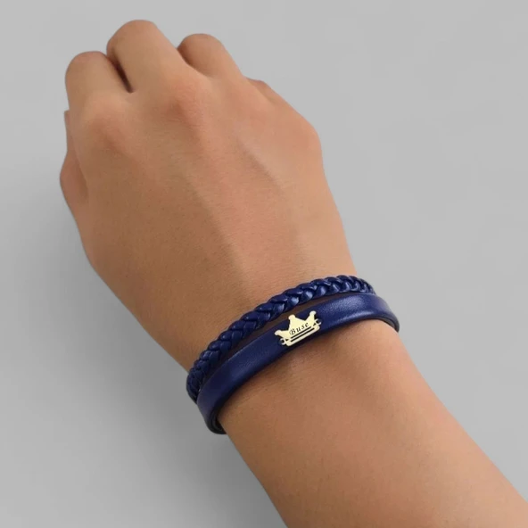 14 Ayar Altın Plakalı İsme Özel Taç Motifli Hakiki Lacivert Derili Hediye Bileklik-506 - Resim 3