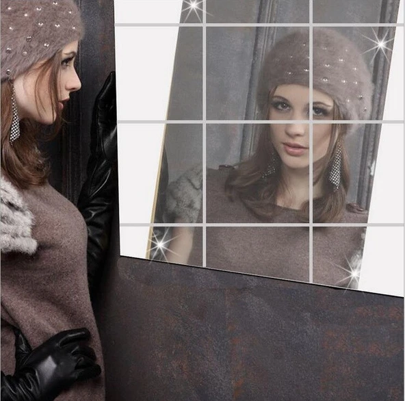 Yapışkanlı Dekoratif Folyo Ayna Kare ( 9 Adet ) Makyaj Aynası - 4