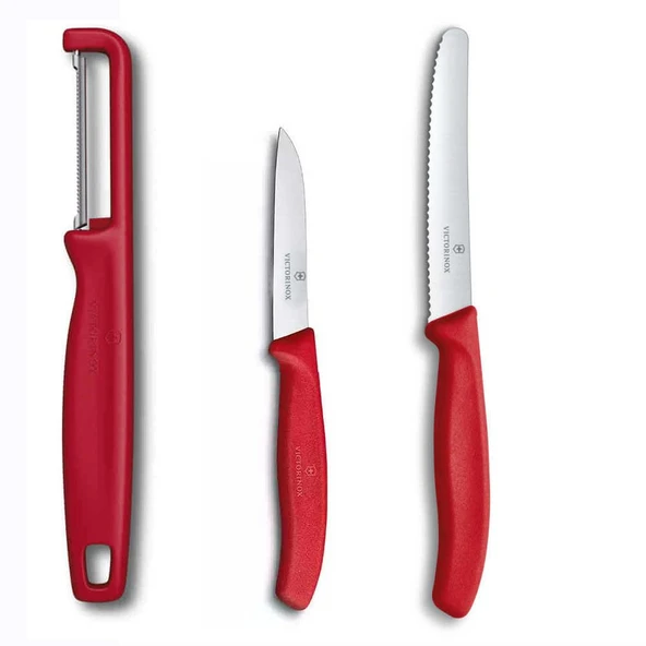 Victorinox Kırmızı Domates Soyacağı - 11 CM Tırtıklı Domates Sebze Bıçağı - 8 CM Düz Bıçak 3lü Set - 1