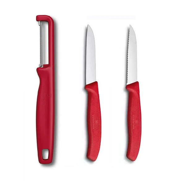 Victorinox 8 CM Kırmızı Tırtıklı ve Düz Bıçak ve Domates Sebze Soyucu 3Lü Set ürün görseli