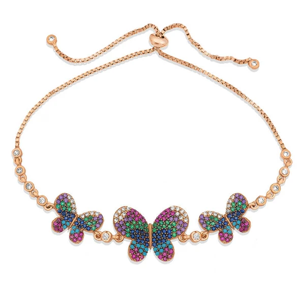 925 Ayar Gümüş Rose Kelebekli Asansör Bileklik - Resim 2