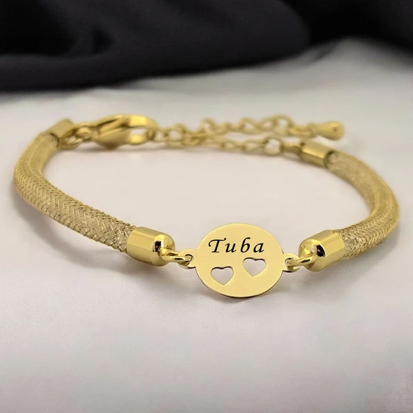 14 Ayar Altın Plakalı İsme Özel Kalp Detaylı Oval Motifli Hasır Kordonlu Hediye Bileklik-508 ürün görseli