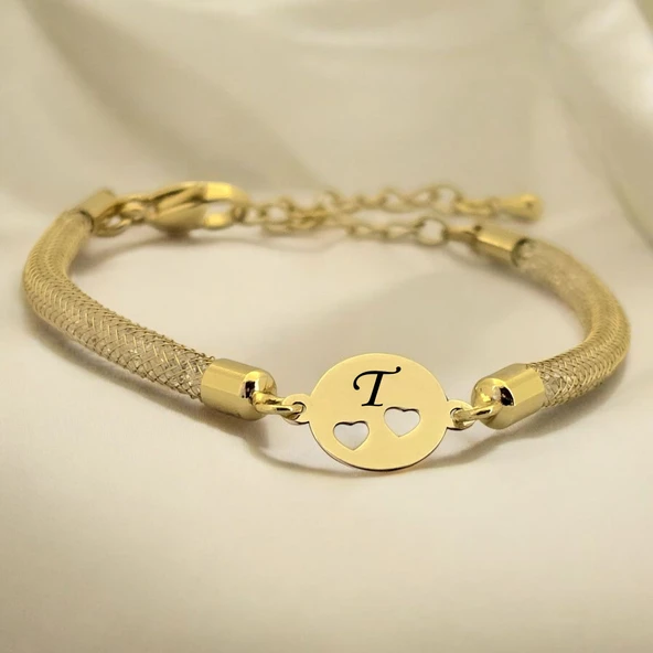 14 Ayar Altın Plakalı Harfe Özel Hasır Kordonlu Kalp Detaylı Oval Motifli Hediye Bileklik-508 ürün görseli