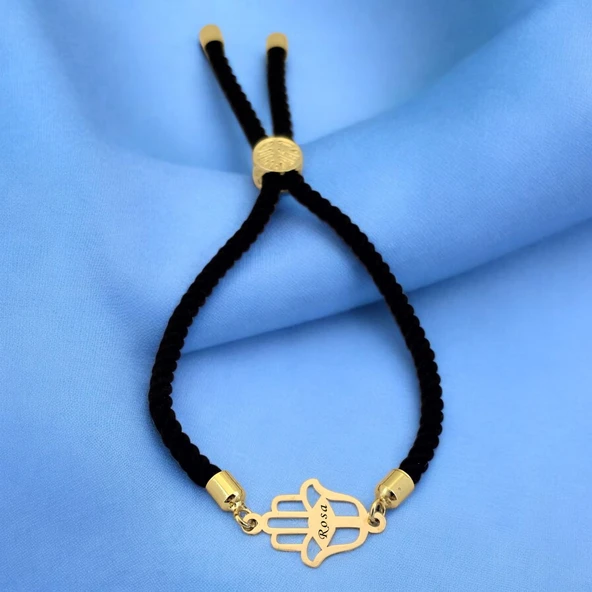 14 Ayar Altın Plakalı İsme Özel Hamsa Figürlü Siyah İpek Örgülü Hediye Bileklik-509 ürün görseli