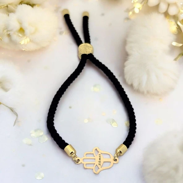 14 Ayar Altın Plakalı İsme Özel Hamsa Figürlü Siyah İpek Örgülü Hediye Bileklik-509 ürün görseli