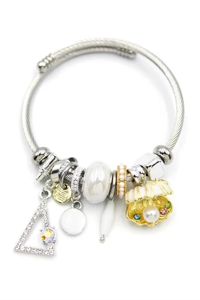 Çelik Charmlı İncili Deniz Kabuğu Bilezik - Beyaz ürün görseli 1