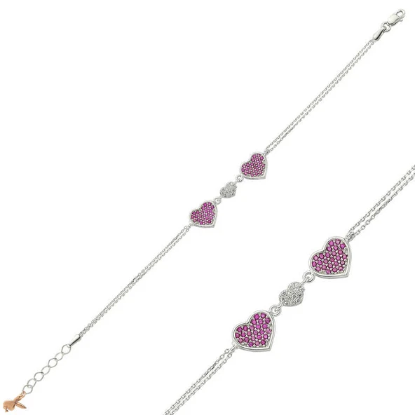 925 Ayar Gümüş Pembe Kalpli Bileklik ürün görseli 1