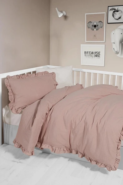 Kanz 2 Kat Fırfırlı Bebek Müslin Nevresim Knz-023 Pudra