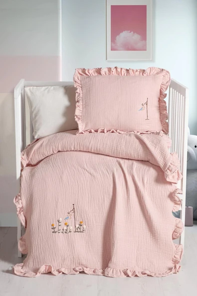 Kanz 4 Kat Hand Made Fırfırlı Müslin Örtü Seti Knz-020 Pudra