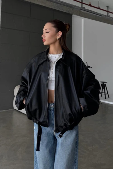 Kadın Oversize Deri Ceket– Oversize Relax Fit, Fermuarlı Kemer Detaylı Günlük Kadın Ceket - 2