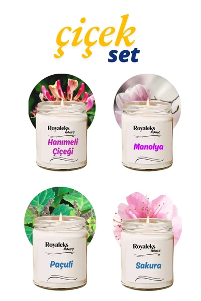 4 Adet Doğal Özel Seri Kokulu Dekoratif Kavanoz Mum 4x210 Cc - Çiçek Seti - Ryl