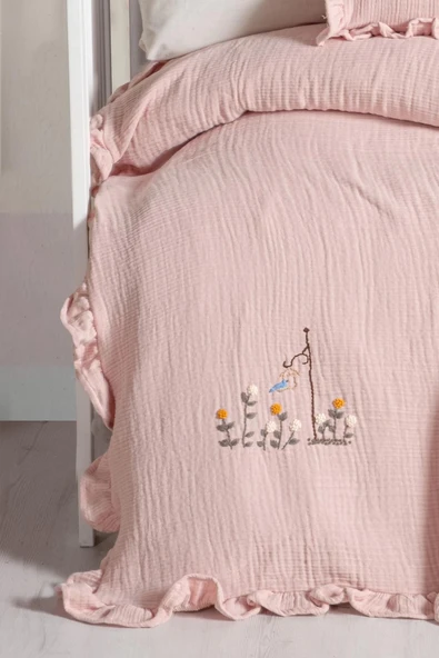 Kanz 4 Kat Hand Made Fırfırlı Müslin Örtü Seti Knz-020 Pudra - 2