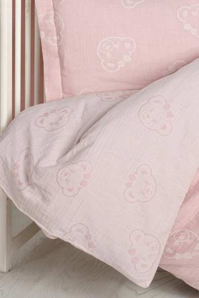 Kanz Jakarlı Müslin Bebek Nevresim Takımı Knz-013 Bear Pembe - 4