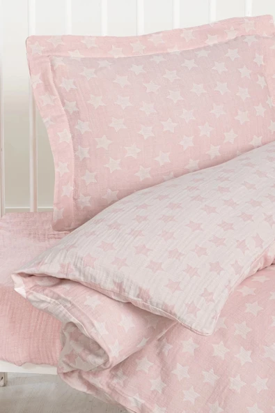 Kanz Jakarlı Müslin Bebek Nevresim Takımı Knz-013 Stars Pembe - 4