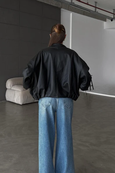 Kadın Oversize Deri Ceket– Oversize Relax Fit, Fermuarlı Kemer Detaylı Günlük Kadın Ceket - 3