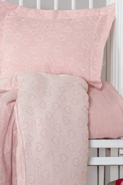Kanz Jakarlı Müslin Bebek Nevresim Takımı Knz-013 Heart Pembe - 4