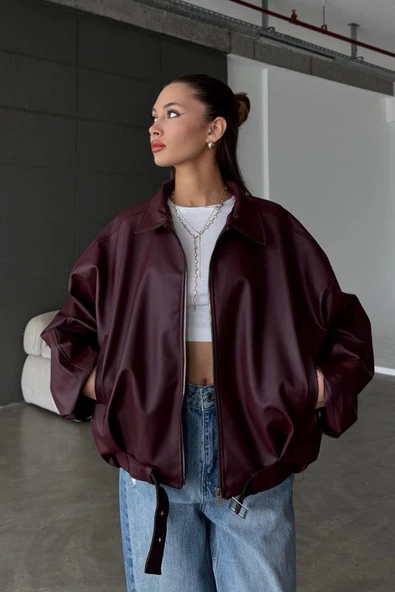 Kadın Oversize Deri Ceket– Oversize Relax Fit, Fermuarlı Kemer Detaylı Günlük Kadın Ceket - 3