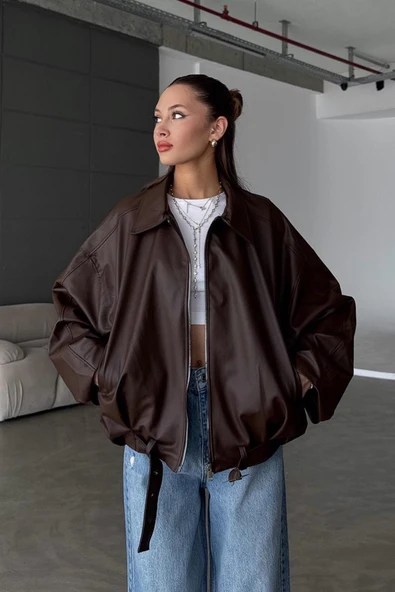 Kadın Oversize Deri Ceket– Oversize Relax Fit, Fermuarlı Kemer Detaylı Günlük Kadın Ceket - 4