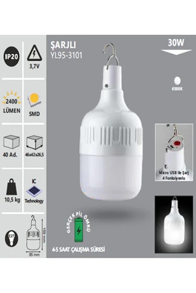 30W 6500K Beyaz Işık Şarjlı Led Torch Ampul - 2