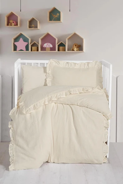 Kanz 2 Kat Fırfırlı Bebek Müslin Nevresim Knz-023 Krem