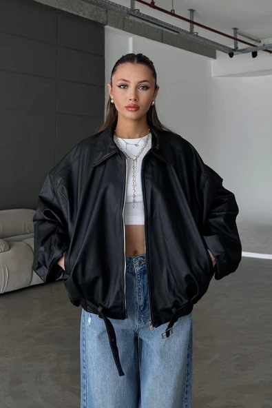 Kadın Oversize Deri Ceket– Oversize Relax Fit, Fermuarlı Kemer Detaylı Günlük Kadın Ceket